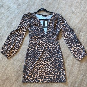Pretty‎ Little Thing Brown Leopard Print Balloon Sleeve Plunge Bodycon Dress